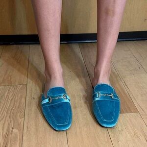 Elegant Blue Velvet Loafers With Gold Accents